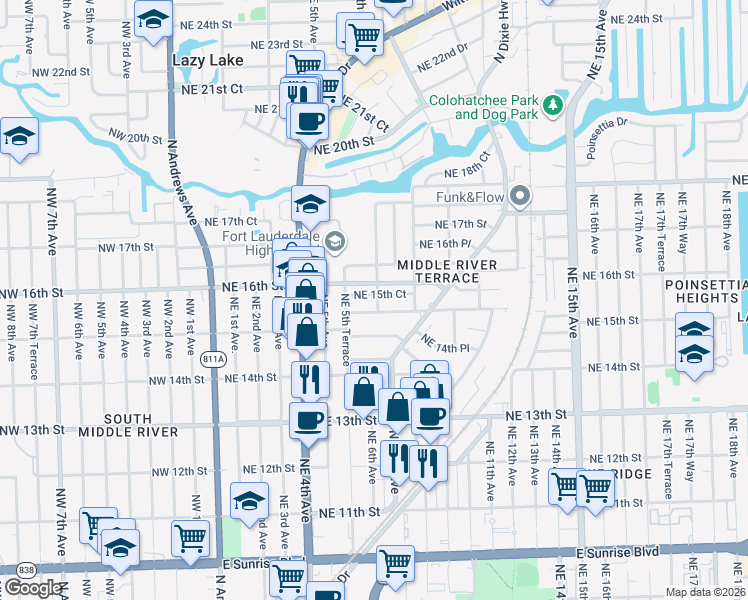 map of restaurants, bars, coffee shops, grocery stores, and more near 616 Northeast 15th Street in Fort Lauderdale