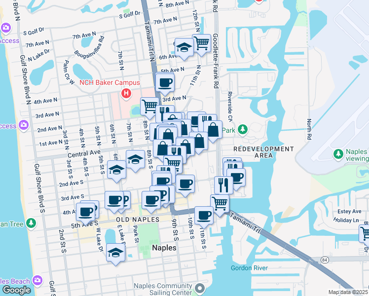 map of restaurants, bars, coffee shops, grocery stores, and more near 1025 1st Avenue South in Naples