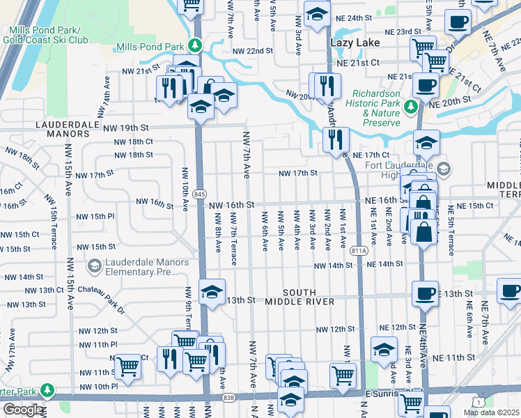 map of restaurants, bars, coffee shops, grocery stores, and more near 1528 Northwest 7th Avenue in Fort Lauderdale