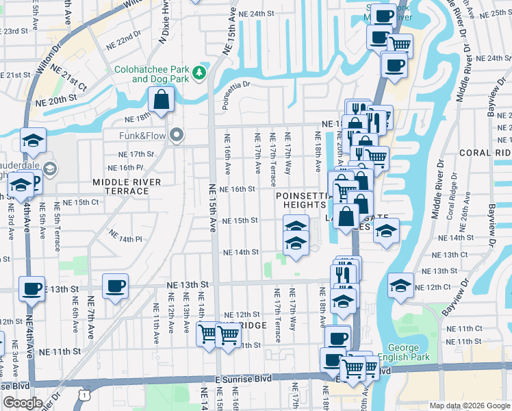 map of restaurants, bars, coffee shops, grocery stores, and more near 1504 Northeast 16th Terrace in Fort Lauderdale