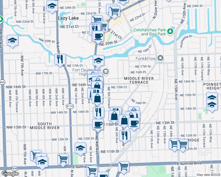 map of restaurants, bars, coffee shops, grocery stores, and more near 1513 Northeast 5th Terrace in Fort Lauderdale