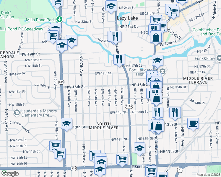 map of restaurants, bars, coffee shops, grocery stores, and more near 1525 Northwest 2nd Avenue in Fort Lauderdale