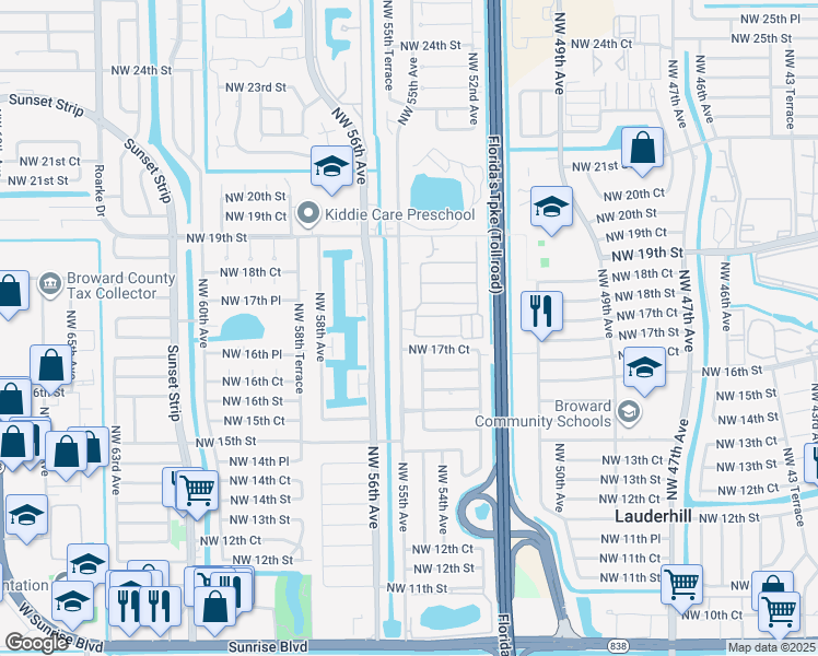 map of restaurants, bars, coffee shops, grocery stores, and more near 1740 Northwest 55th Avenue in Lauderhill