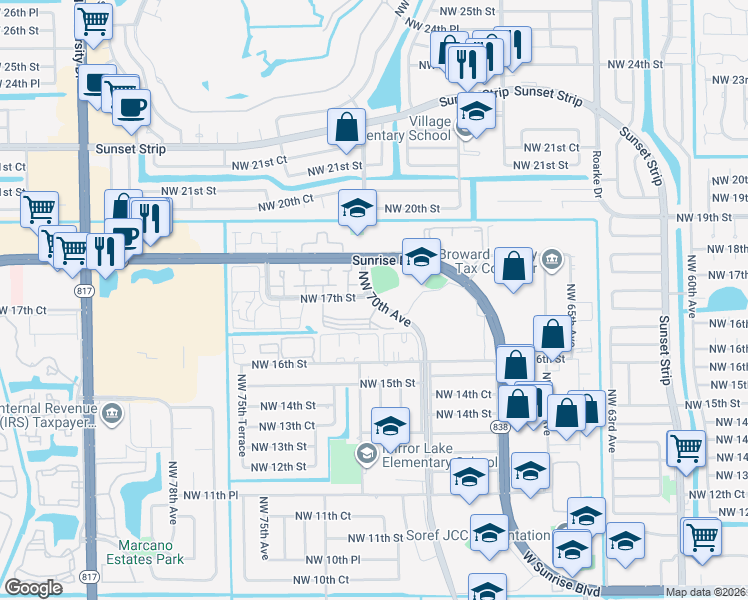 map of restaurants, bars, coffee shops, grocery stores, and more near 1681 Northwest 70th Avenue in Plantation