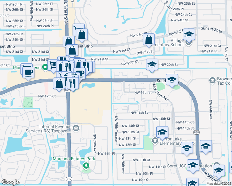 map of restaurants, bars, coffee shops, grocery stores, and more near 7502 Northwest 17th Street in Plantation