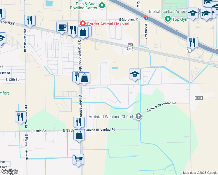 map of restaurants, bars, coffee shops, grocery stores, and more near 3615 Camino Real Viejo in Weslaco