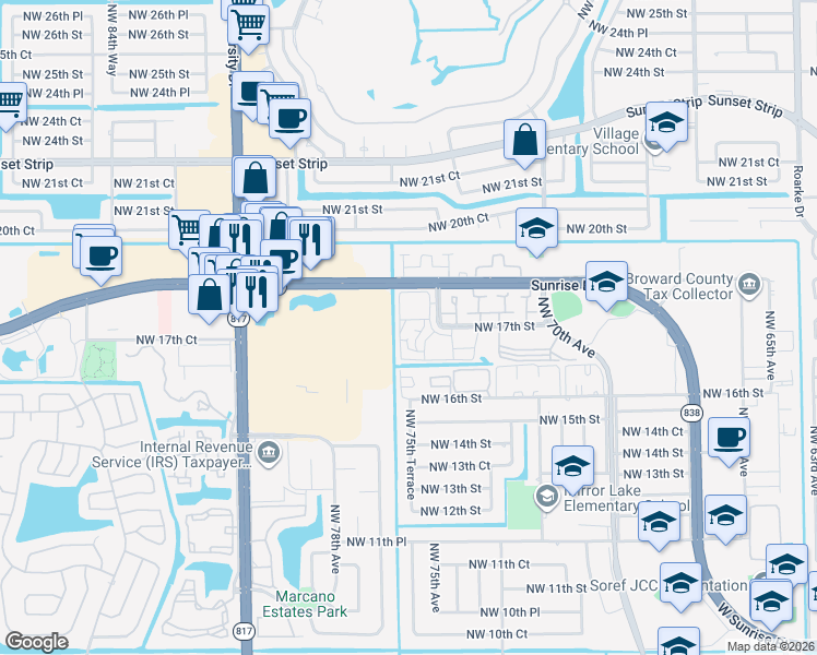 map of restaurants, bars, coffee shops, grocery stores, and more near 7502 Northwest 17th Street in Plantation