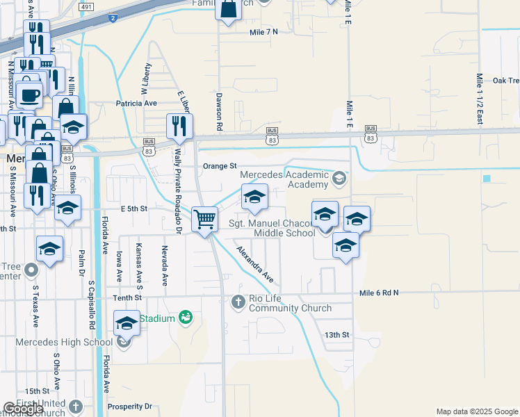 map of restaurants, bars, coffee shops, grocery stores, and more near 500 Rio Rico Road in Mercedes
