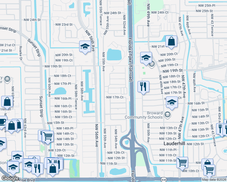 map of restaurants, bars, coffee shops, grocery stores, and more near 5325 Northwest 17th Court in Lauderhill