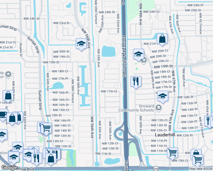 map of restaurants, bars, coffee shops, grocery stores, and more near 5325 Northwest 17th Court in Lauderhill