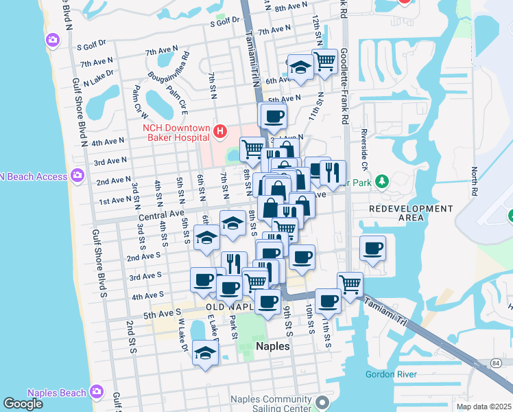 map of restaurants, bars, coffee shops, grocery stores, and more near 77 8th Street South in Naples