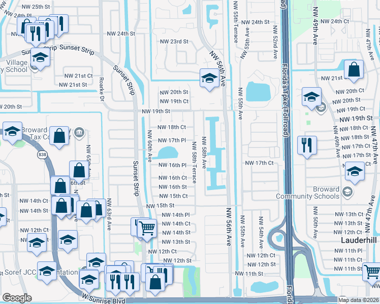 map of restaurants, bars, coffee shops, grocery stores, and more near 5861 Northwest 16th Place in Sunrise