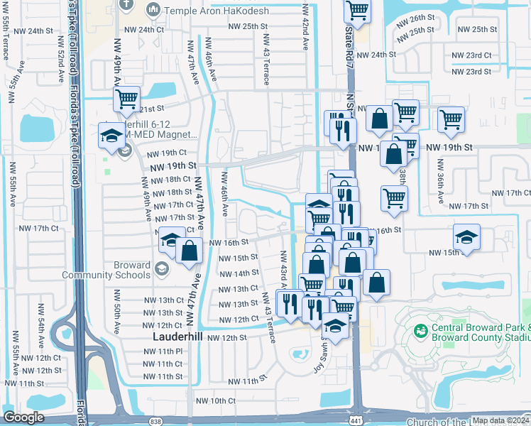 map of restaurants, bars, coffee shops, grocery stores, and more near 4311 Northwest 16th Street in Plantation