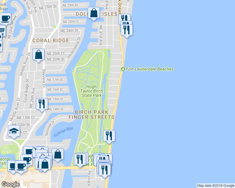 map of restaurants, bars, coffee shops, grocery stores, and more near 1515 North Atlantic Boulevard in Fort Lauderdale