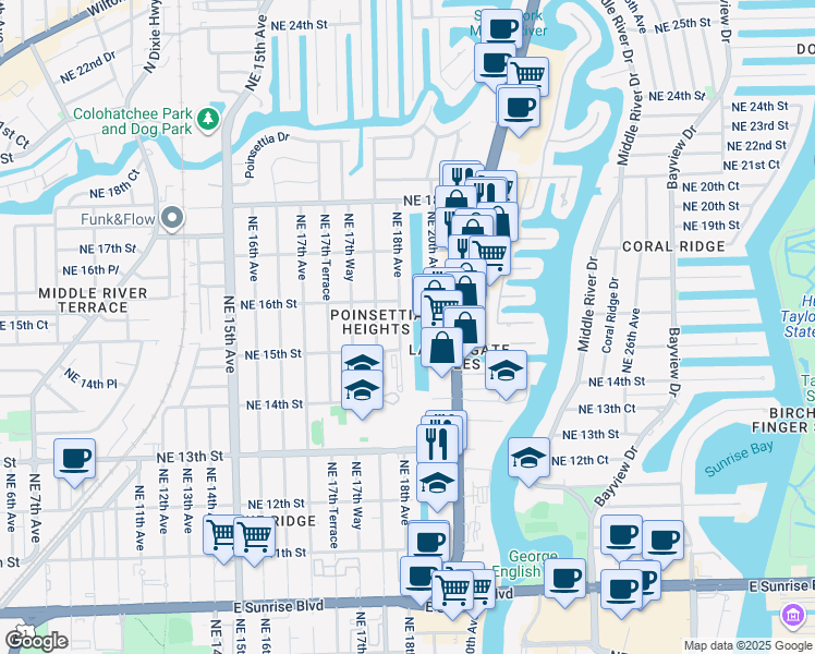 map of restaurants, bars, coffee shops, grocery stores, and more near 1791 Northeast 15th Street in Fort Lauderdale