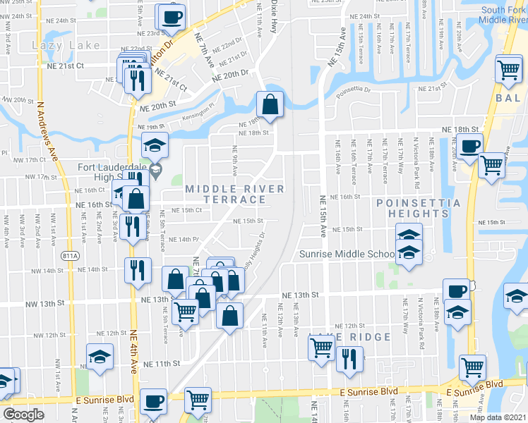 map of restaurants, bars, coffee shops, grocery stores, and more near 1036 Northeast 15th Street in Fort Lauderdale