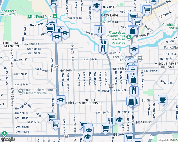 map of restaurants, bars, coffee shops, grocery stores, and more near 1524 Northwest 4th Avenue in Fort Lauderdale