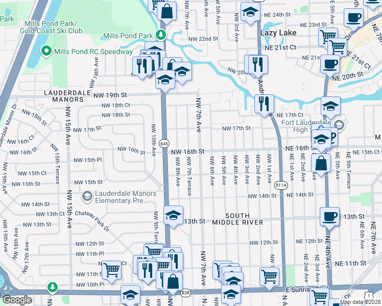 map of restaurants, bars, coffee shops, grocery stores, and more near 1527 Northwest 7th Terrace in Fort Lauderdale