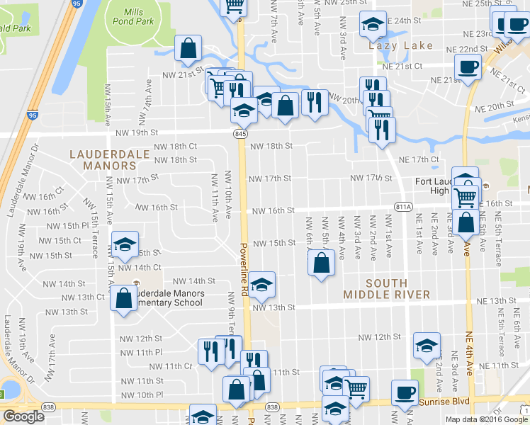 map of restaurants, bars, coffee shops, grocery stores, and more near 1527 Northwest 7th Terrace in Fort Lauderdale