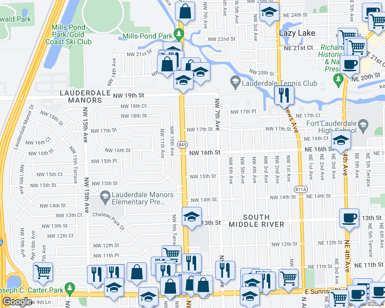 map of restaurants, bars, coffee shops, grocery stores, and more near 1528 Northwest 9th Avenue in Fort Lauderdale