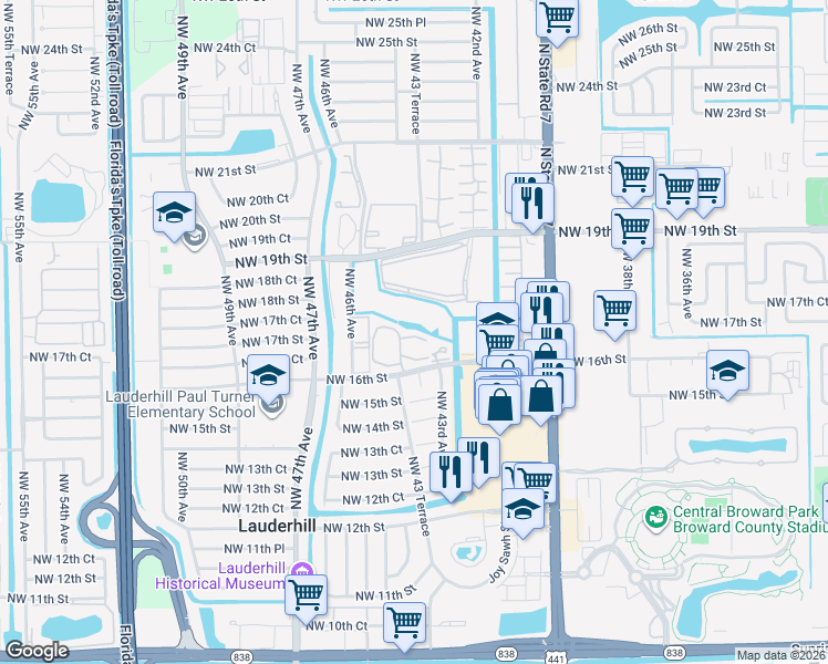 map of restaurants, bars, coffee shops, grocery stores, and more near 4331 Northwest 16th Street in Lauderhill