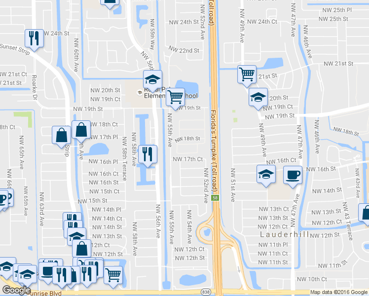 map of restaurants, bars, coffee shops, grocery stores, and more near 5325 Northwest 17th Court in Lauderhill