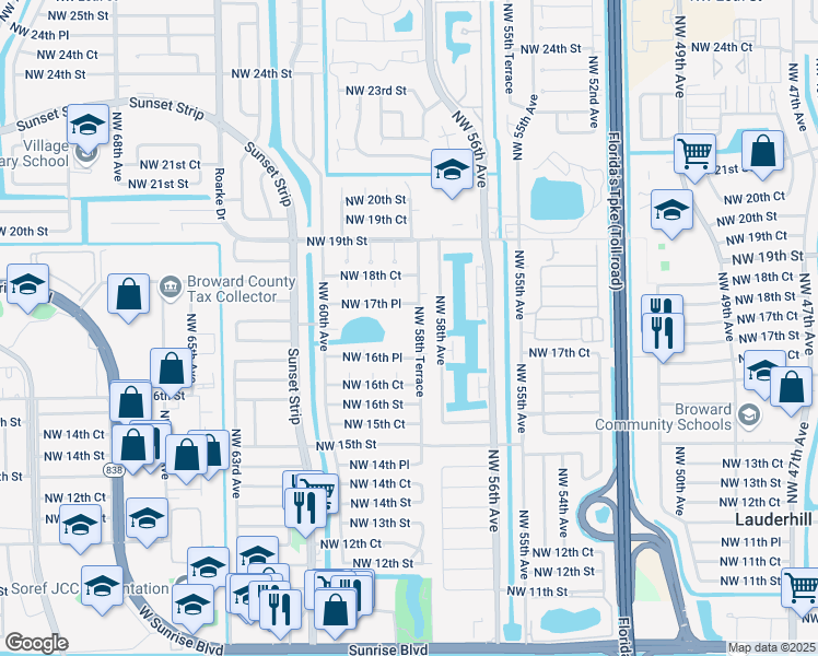 map of restaurants, bars, coffee shops, grocery stores, and more near 5861 Northwest 16th Place in Sunrise