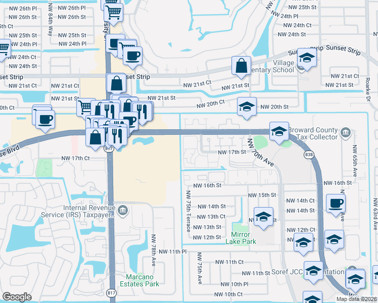 map of restaurants, bars, coffee shops, grocery stores, and more near 7502 Northwest 17th Street in Plantation