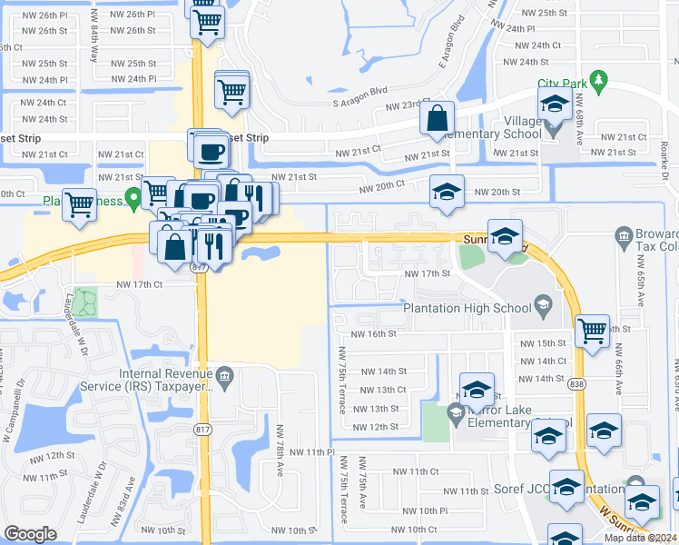 map of restaurants, bars, coffee shops, grocery stores, and more near 7502 Northwest 17th Street in Plantation