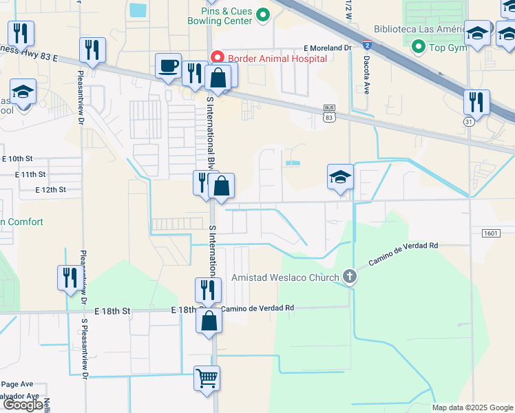 map of restaurants, bars, coffee shops, grocery stores, and more near 1305 Alta Vista Drive in Weslaco