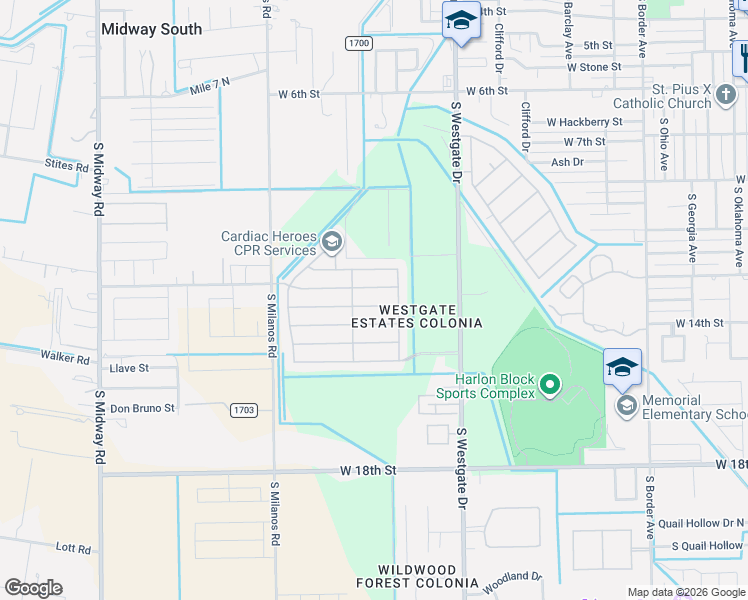 map of restaurants, bars, coffee shops, grocery stores, and more near 1909 West Mimosa Drive in Weslaco