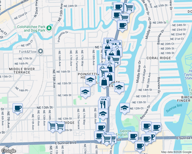 map of restaurants, bars, coffee shops, grocery stores, and more near 1791 Northeast 15th Street in Fort Lauderdale