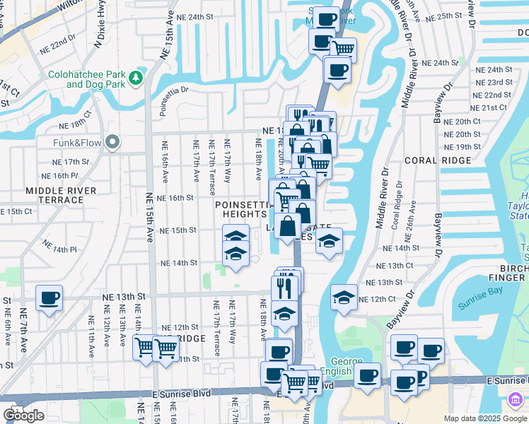 map of restaurants, bars, coffee shops, grocery stores, and more near 1791 Northeast 15th Street in Fort Lauderdale
