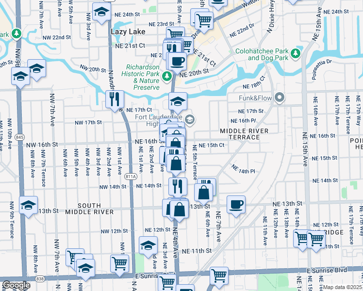 map of restaurants, bars, coffee shops, grocery stores, and more near 1537 Northeast 5th Avenue in Fort Lauderdale