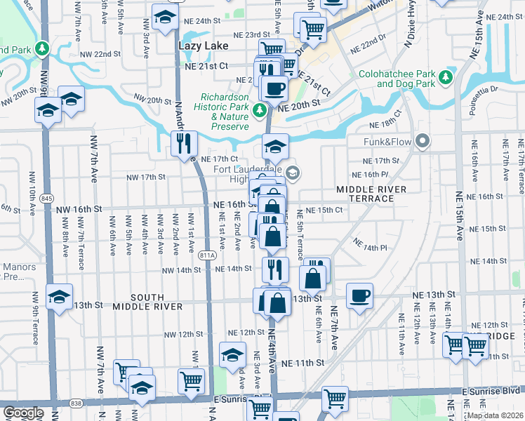 map of restaurants, bars, coffee shops, grocery stores, and more near 1514 Northeast 4th Avenue in Fort Lauderdale