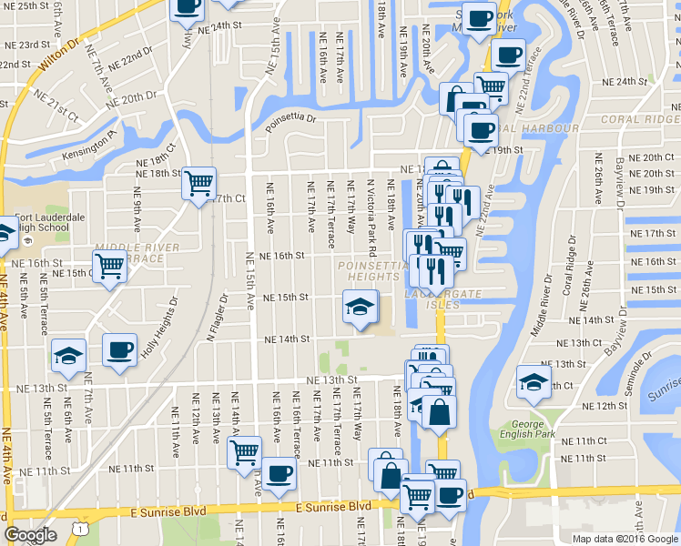 map of restaurants, bars, coffee shops, grocery stores, and more near 1505 Northeast 17th Terrace in Fort Lauderdale