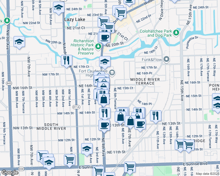 map of restaurants, bars, coffee shops, grocery stores, and more near 1513 Northeast 5th Terrace in Fort Lauderdale