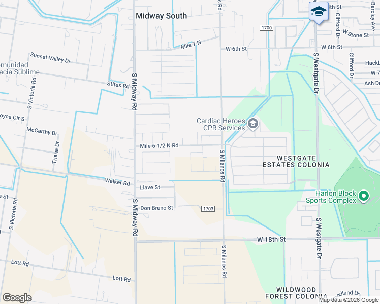 map of restaurants, bars, coffee shops, grocery stores, and more near 2718 Mile 6 1/2 Road North in Weslaco