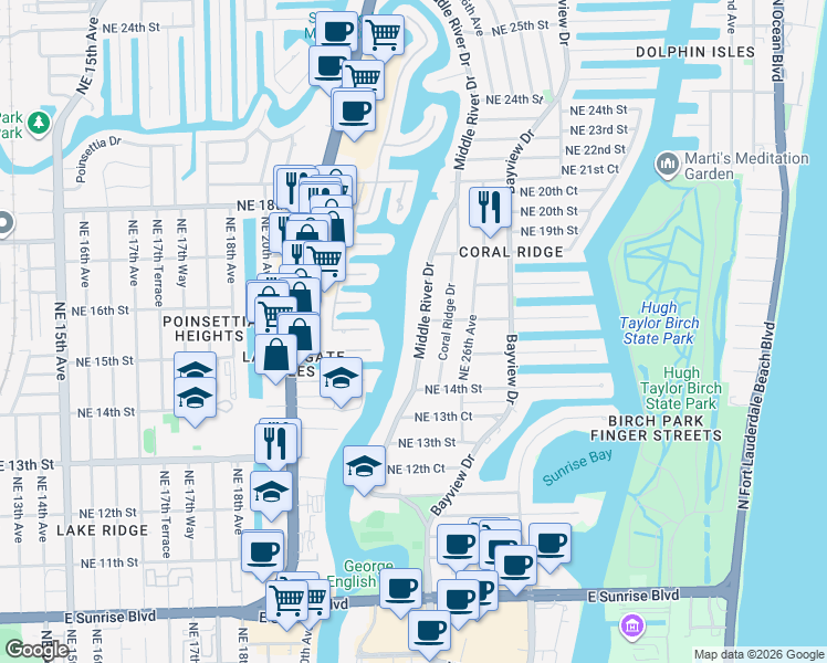 map of restaurants, bars, coffee shops, grocery stores, and more near 1500 Middle River Drive in Fort Lauderdale