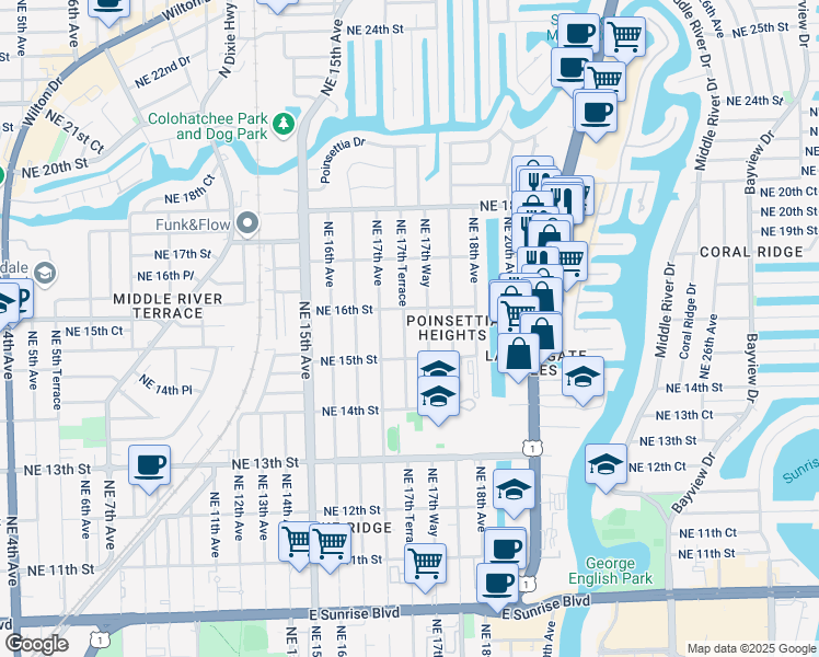 map of restaurants, bars, coffee shops, grocery stores, and more near 1601 Northeast 17th Terrace in Fort Lauderdale