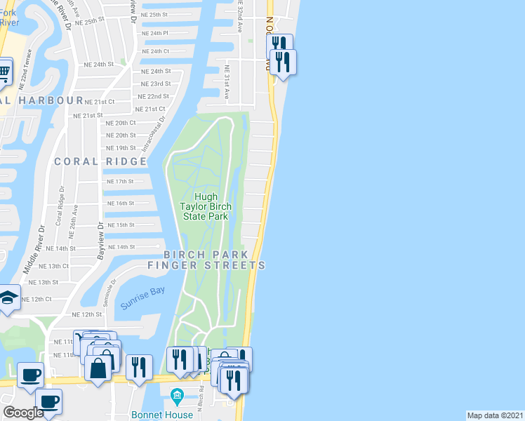 map of restaurants, bars, coffee shops, grocery stores, and more near 1515 North Atlantic Boulevard in Fort Lauderdale