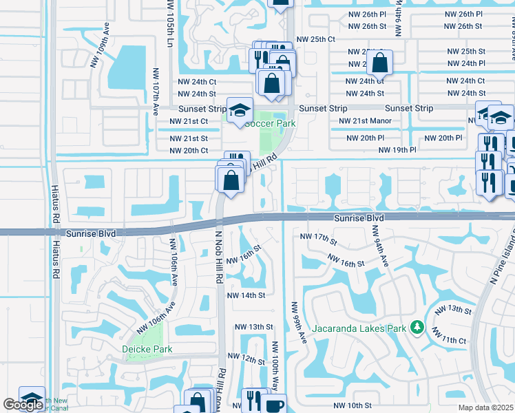 map of restaurants, bars, coffee shops, grocery stores, and more near 10145 West Sunrise Boulevard in Plantation