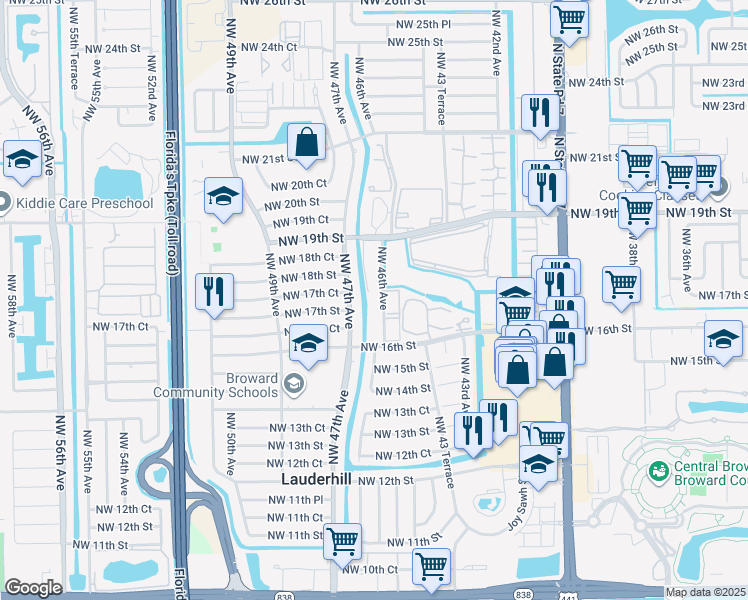 map of restaurants, bars, coffee shops, grocery stores, and more near 311 Northwest 46th Avenue in Lauderhill