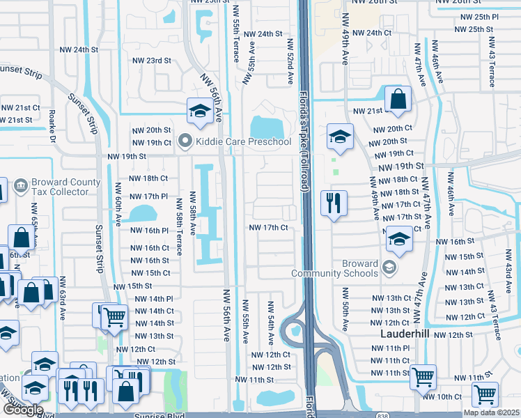 map of restaurants, bars, coffee shops, grocery stores, and more near 1800 Northwest 55th Avenue in Lauderhill