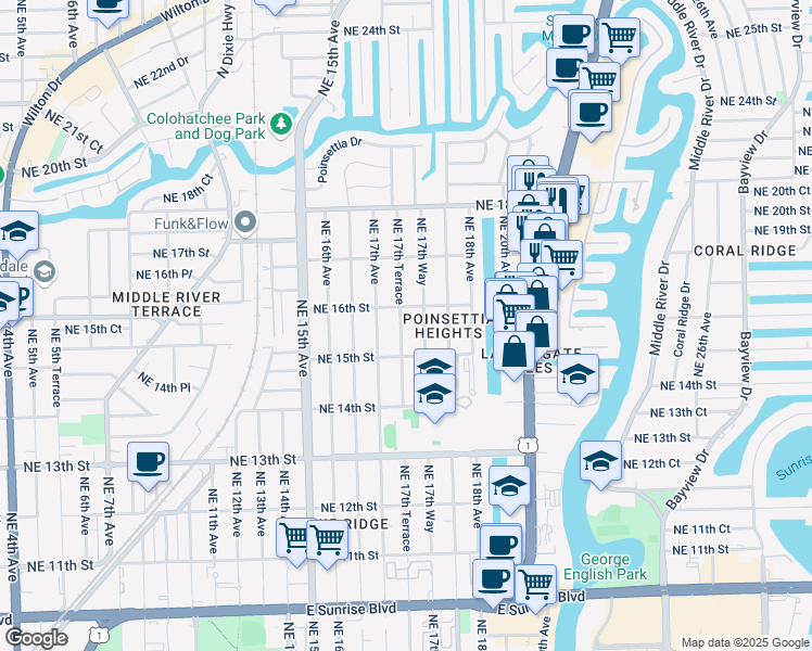 map of restaurants, bars, coffee shops, grocery stores, and more near 1601 Northeast 17th Terrace in Fort Lauderdale