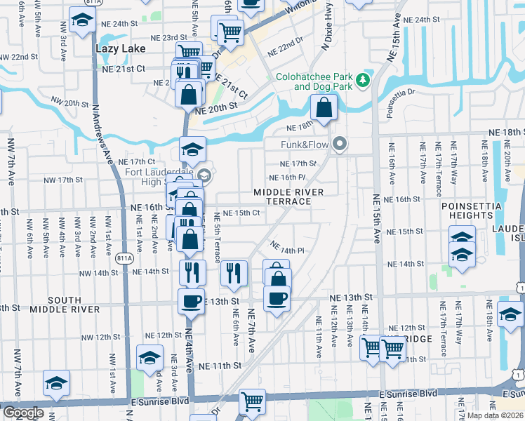 map of restaurants, bars, coffee shops, grocery stores, and more near 1617 Northeast 8th Avenue in Fort Lauderdale
