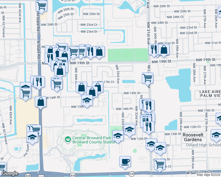 map of restaurants, bars, coffee shops, grocery stores, and more near 3366 Northwest 17th Court in Fort Lauderdale