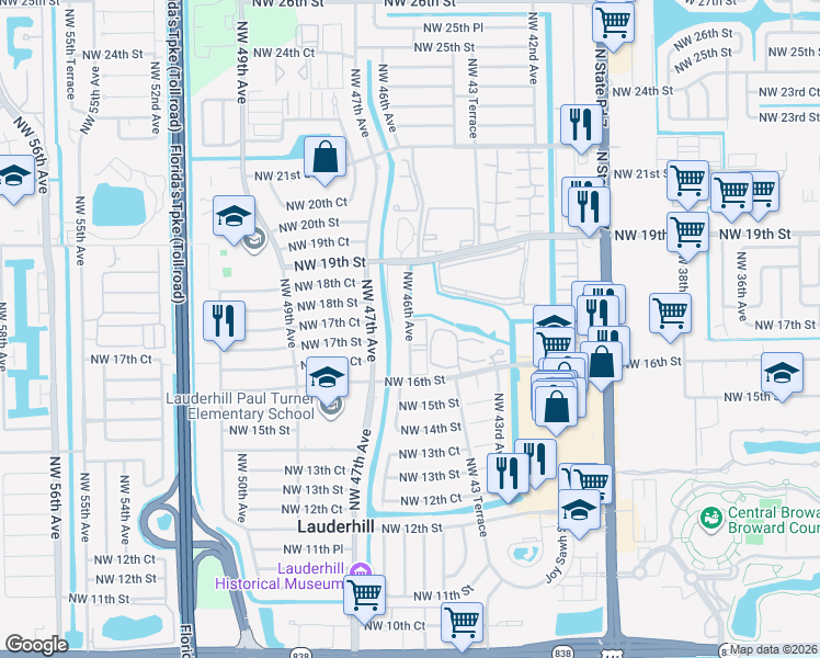 map of restaurants, bars, coffee shops, grocery stores, and more near 311 Northwest 46th Avenue in Lauderhill