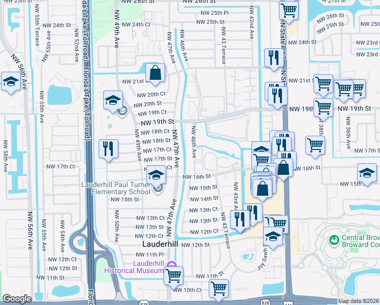 map of restaurants, bars, coffee shops, grocery stores, and more near 311 Northwest 46th Avenue in Lauderhill