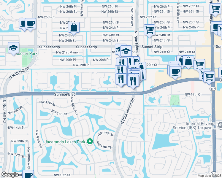 map of restaurants, bars, coffee shops, grocery stores, and more near 9353 West Sunrise Boulevard in Plantation